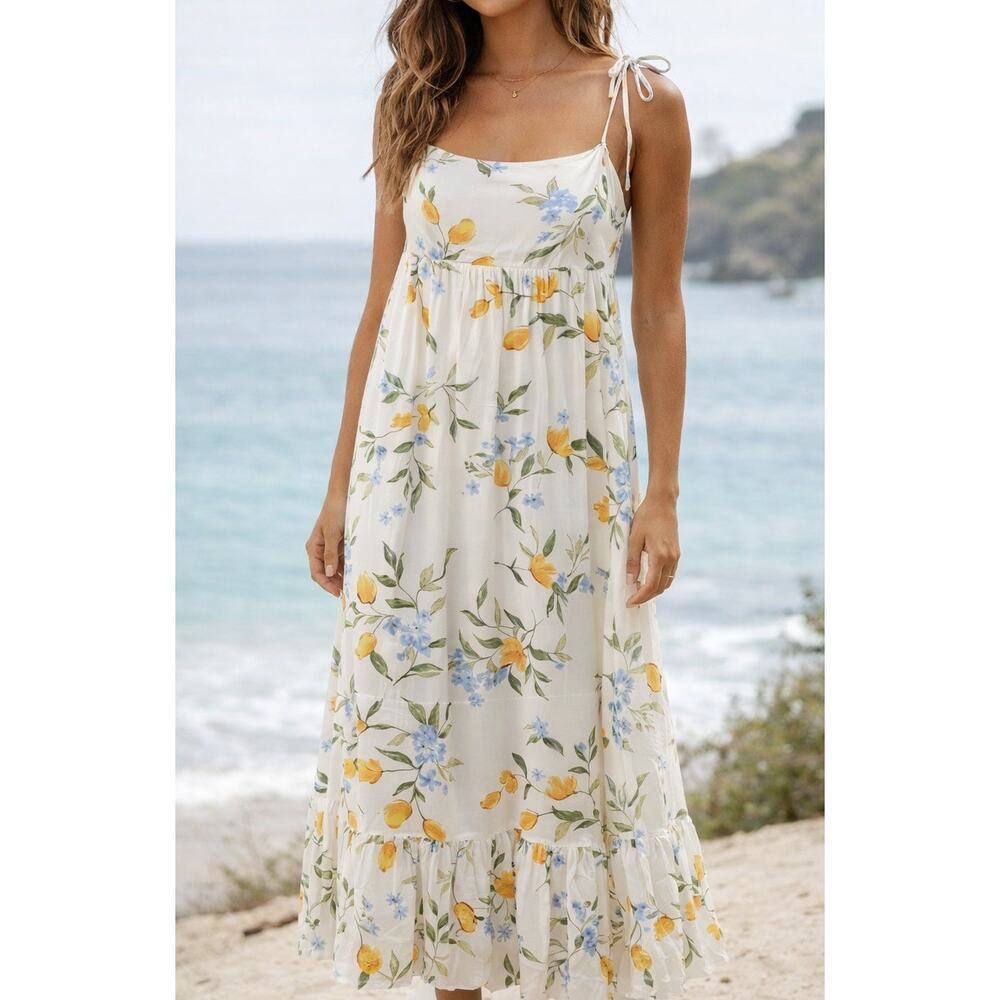 Re:Blu Floral Tie Strap Maxi Dress White Yellow Medium